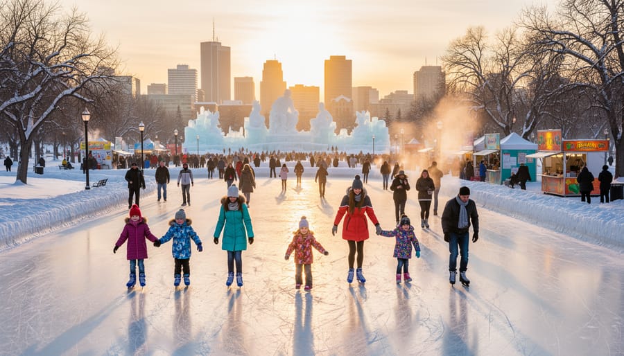 Skaters on an illuminated ice rink at Hawrelak Park during a winter festival