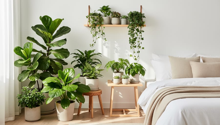 Bedroom with lush houseplants on a windowsill and plant stand in natural morning light.