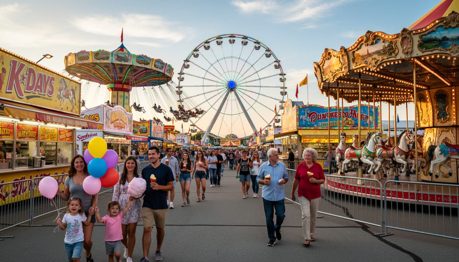 Family enjoying colorful K-Days midway rides near Edmonton Expo Centre