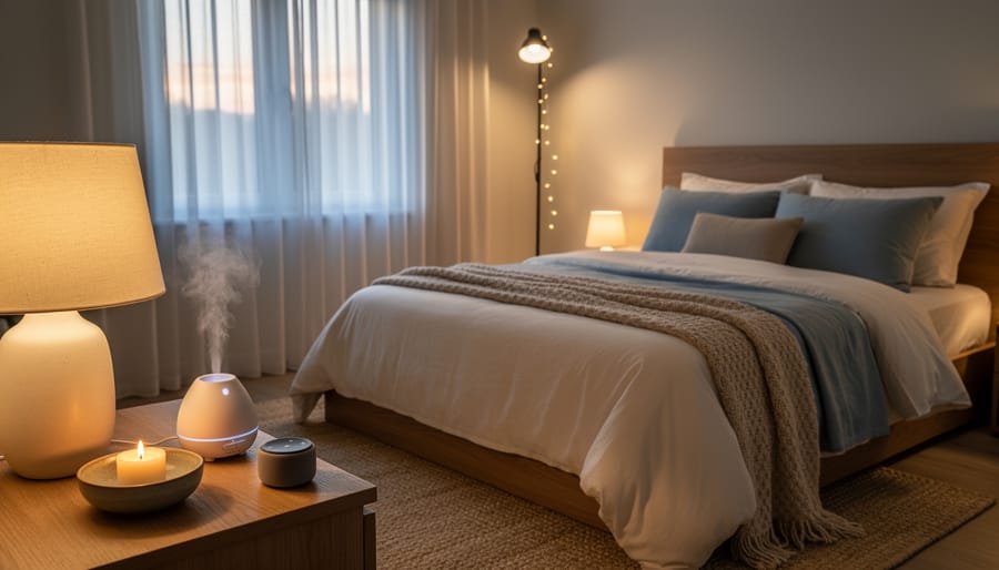 Bedroom relaxation setup with a diffuser, candle, and cozy bedding in warm light.