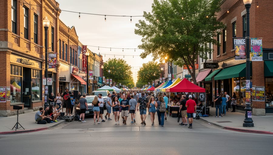 People dressed for an evening at the Fringe Theatre Festival walking along a lively Old Strathcona street at twilight