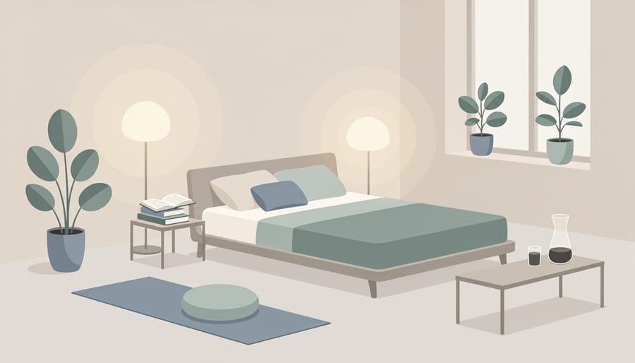 Bright modern bedroom styled with multiple cozy activity zones like a reading chair, plants, warm lighting, and a yoga mat.