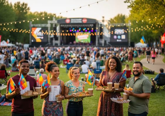 Diverse crowd enjoying a summer cultural festival in Edmonton near an outdoor stage and river valley trail at golden-hour light.