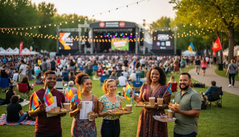 Diverse crowd enjoying a summer cultural festival in Edmonton near an outdoor stage and river valley trail at golden-hour light.