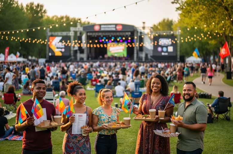 Diverse crowd enjoying a summer cultural festival in Edmonton near an outdoor stage and river valley trail at golden-hour light.