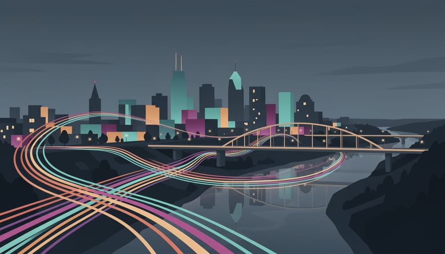 Colorful light trails and night skyline suggesting the energy of Edmonton festivals