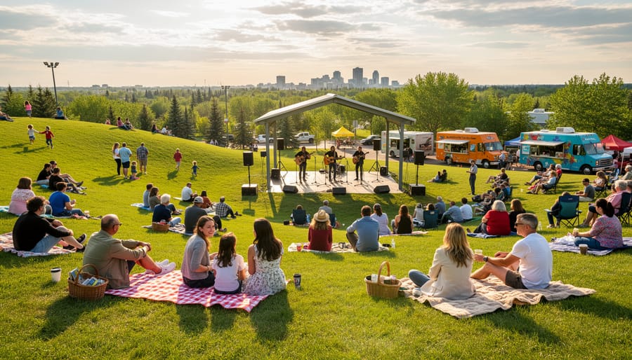 Acoustic musicians performing at a folk music festival with an audience on a grassy hillside