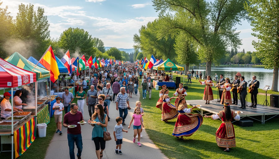 Visitors and performers at a multicultural heritage festival with colorful pavilions in a park
