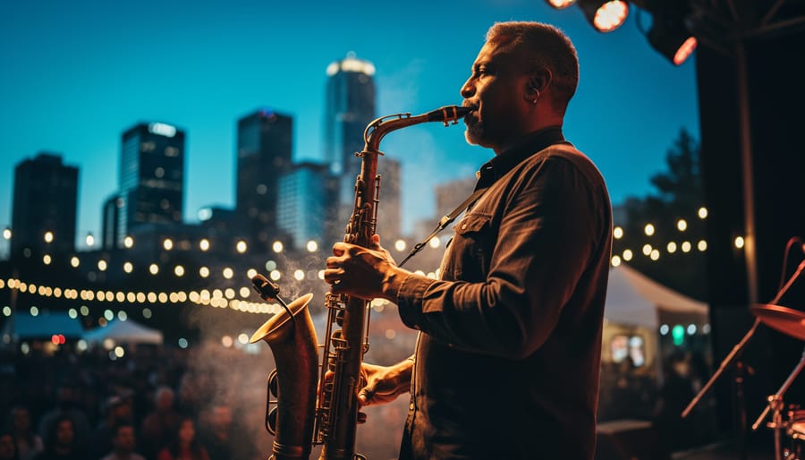 Jazz musicians performing at dusk with warm lights and blurred city background