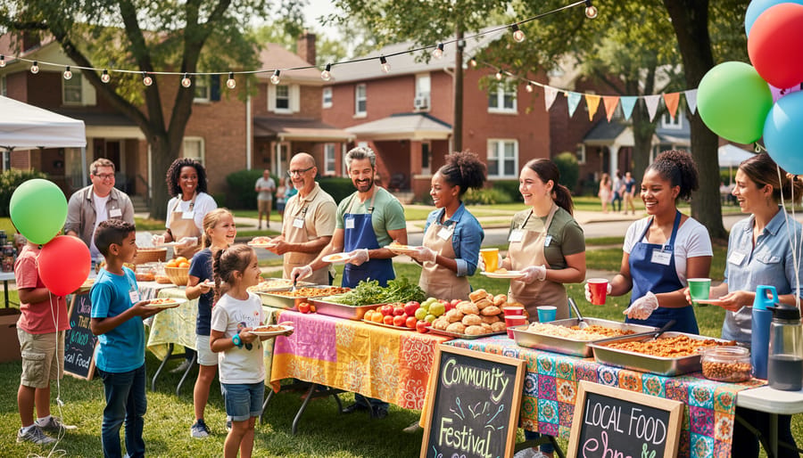 Volunteers and families at a small neighborhood festival setup with tables and cultural food