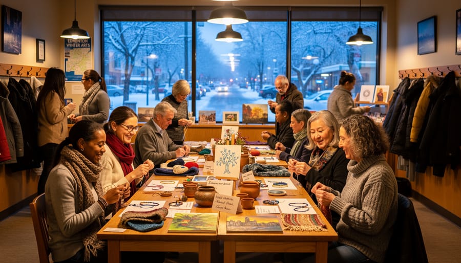 People at a warmly lit indoor craft market during snowy winter evening