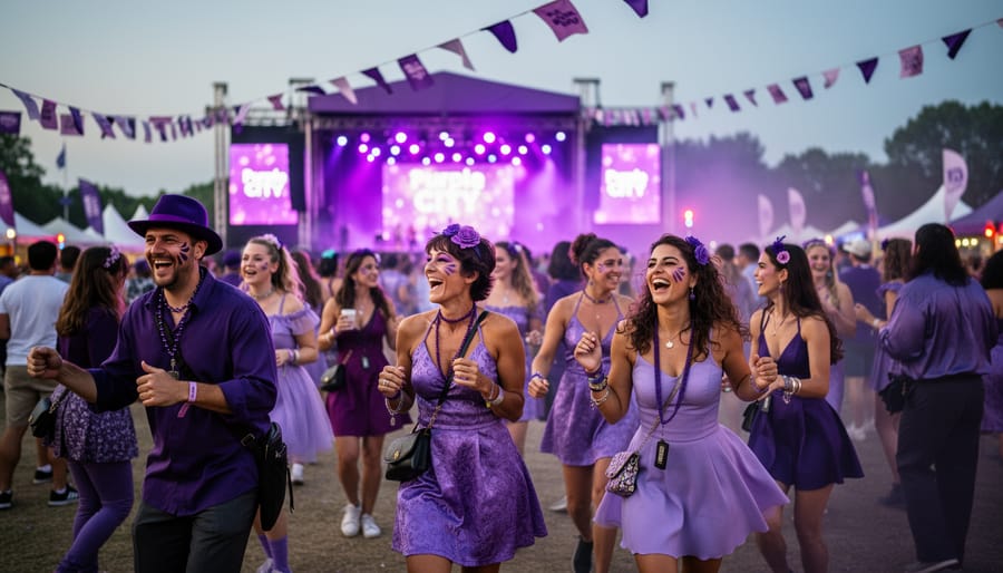 People wearing purple-themed clothing at an indoor festival venue with stage lights