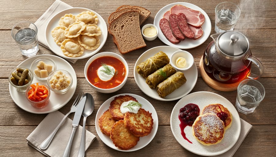 Close-up of a Ukrainian brunch table with borscht, perogies, rye bread, and herbs.