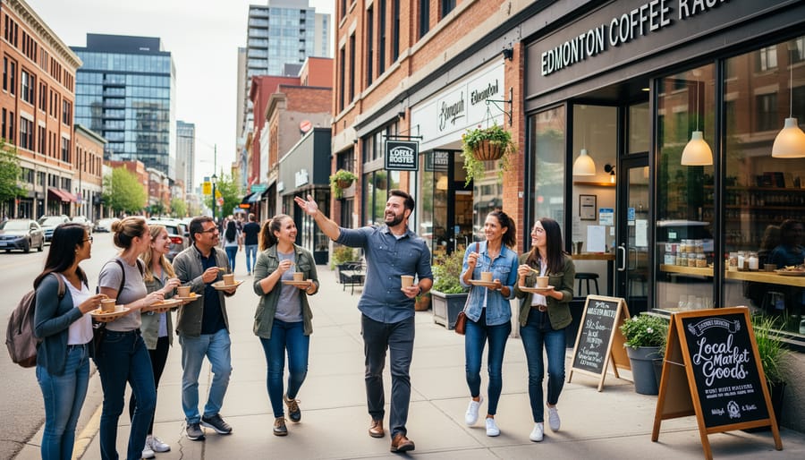 A guide leading a small group of visitors along a downtown sidewalk toward a restaurant entrance.