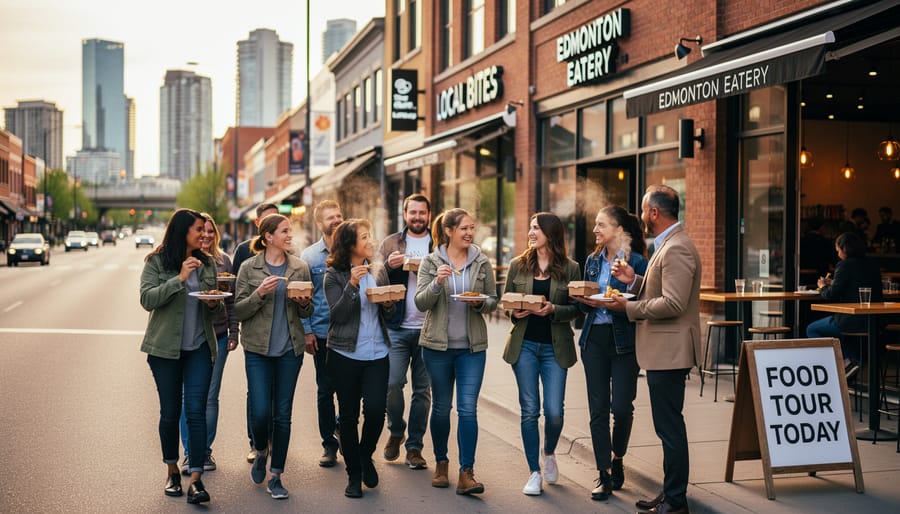 Person holding a bag of food samples while enjoying a bite during an Edmonton food tour walk.