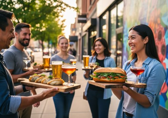 Food tour participants in Edmonton walking outdoors while holding pierogies, banh mi sandwiches, and craft drinks on tasting trays.