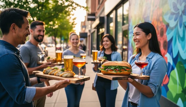Food tour participants in Edmonton walking outdoors while holding pierogies, banh mi sandwiches, and craft drinks on tasting trays.