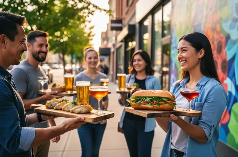 Food tour participants in Edmonton walking outdoors while holding pierogies, banh mi sandwiches, and craft drinks on tasting trays.
