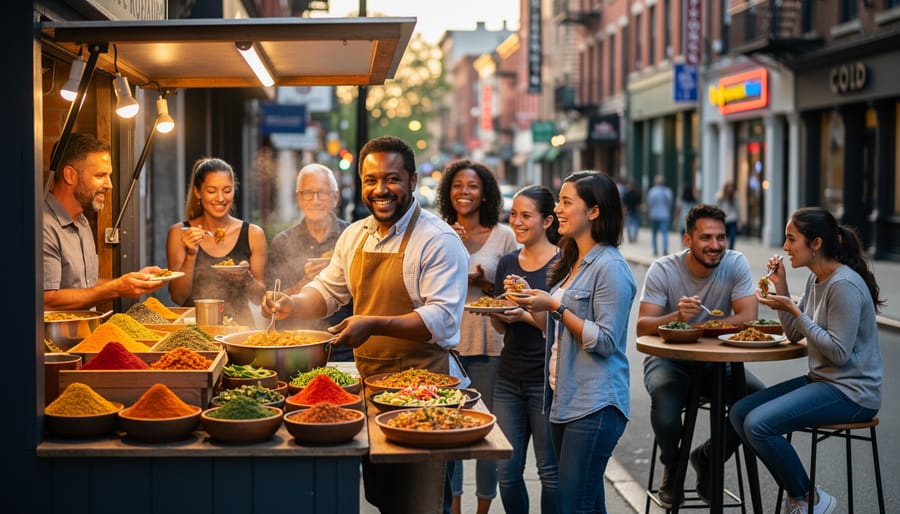 Customer choosing food from a neighborhood vendor counter with plated bites under warm lights.