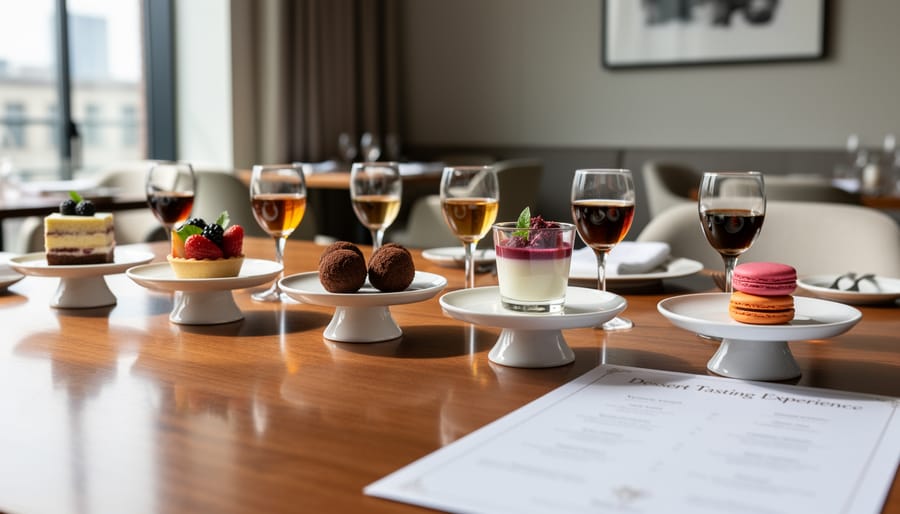 Assorted desserts and small craft beverage tastings on a table for a themed food experience.
